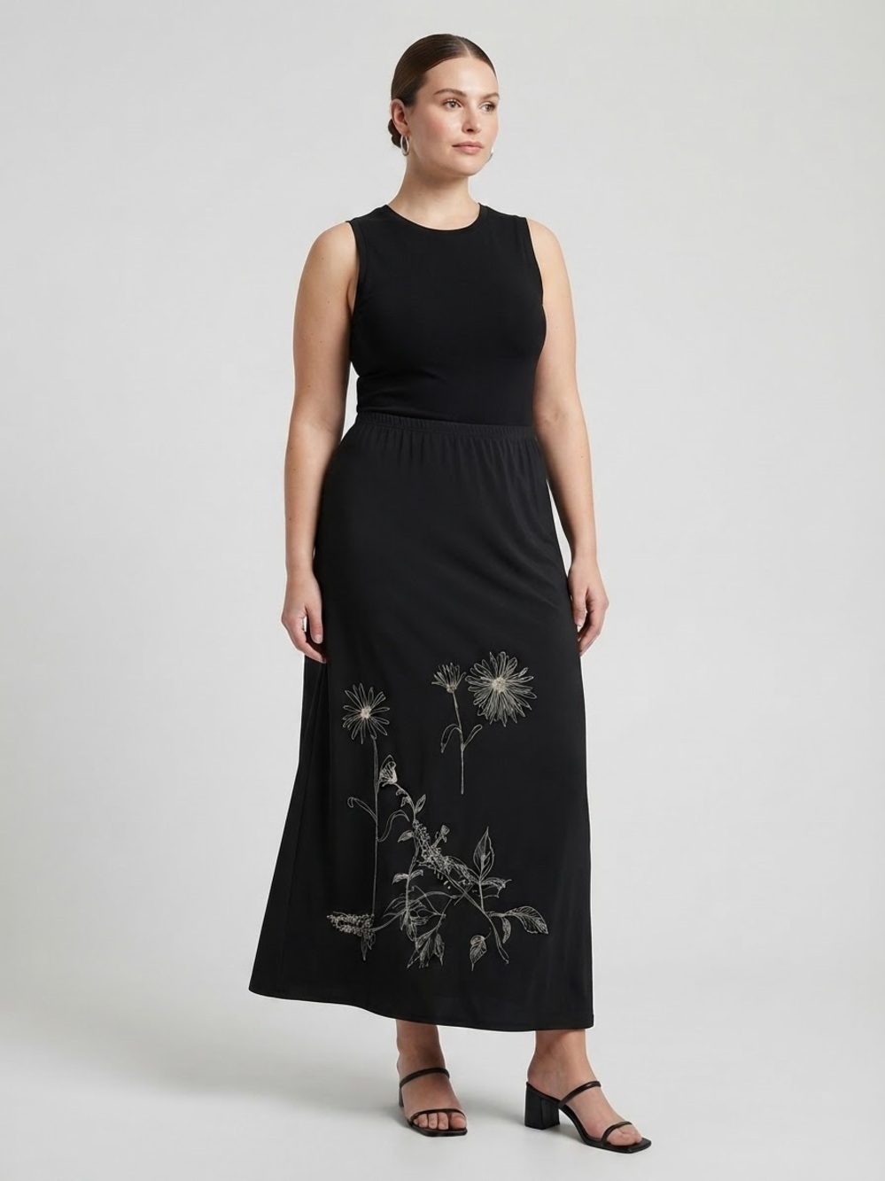 MAX STUDIO Botanical Print Maxi Skirt L Black/Cream EUC